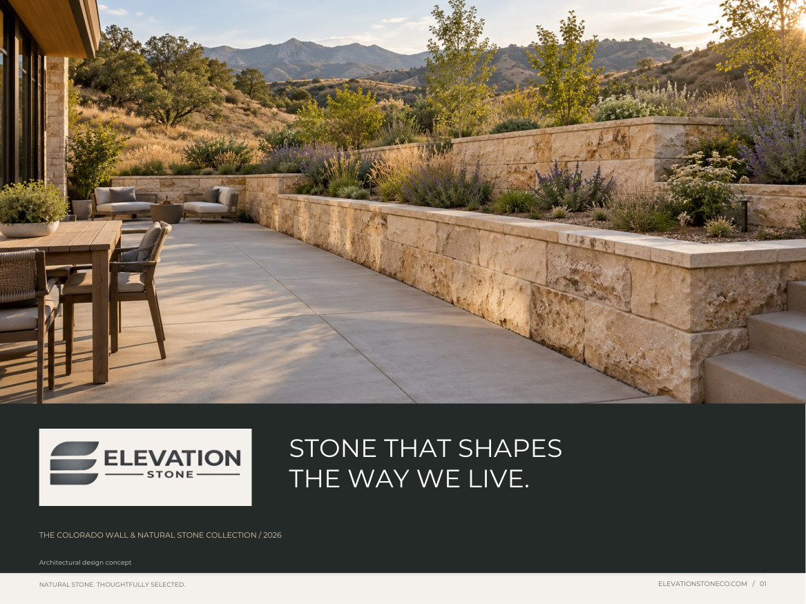 Elevation Stone 2026 catalog cover: limestone garden walls and a Colorado patio